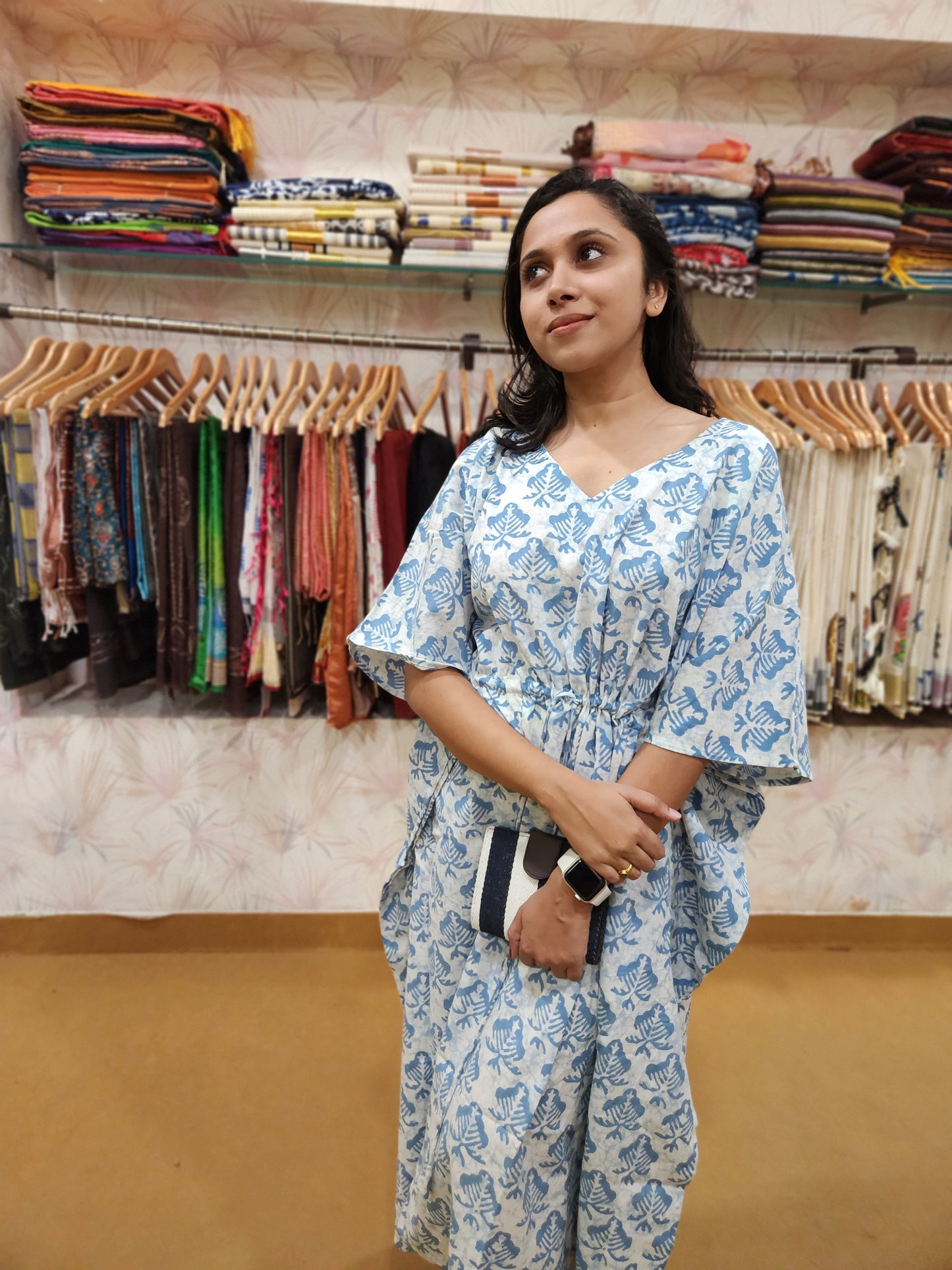 Southloom Cotton Kaftan with Blue Hand Block Prints in White Base