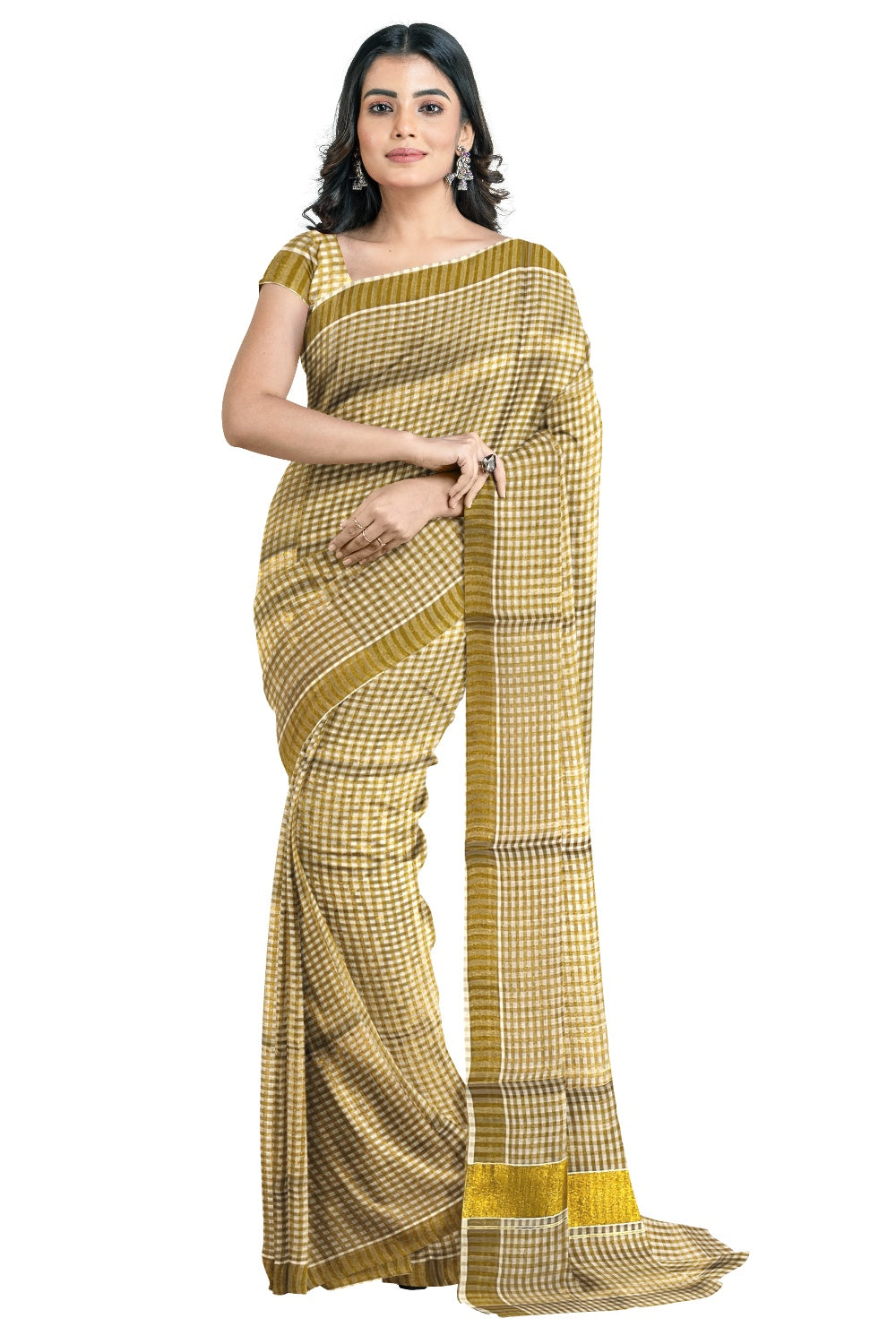 Kerala Cotton Kasavu Check Design Saree