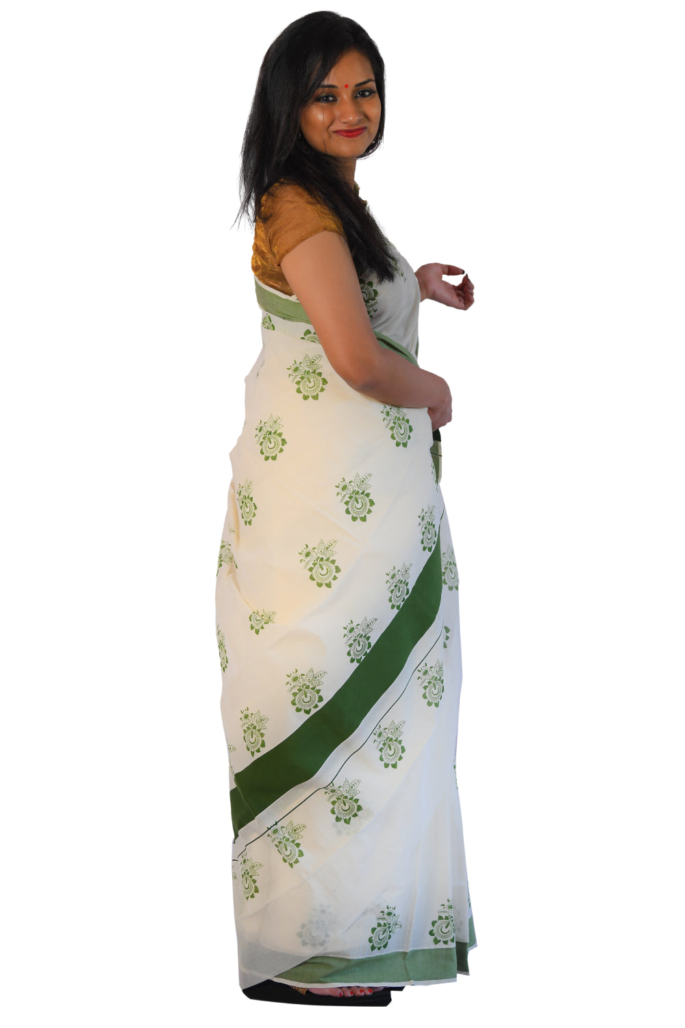 Kerala Saree with Green Floral Block Print