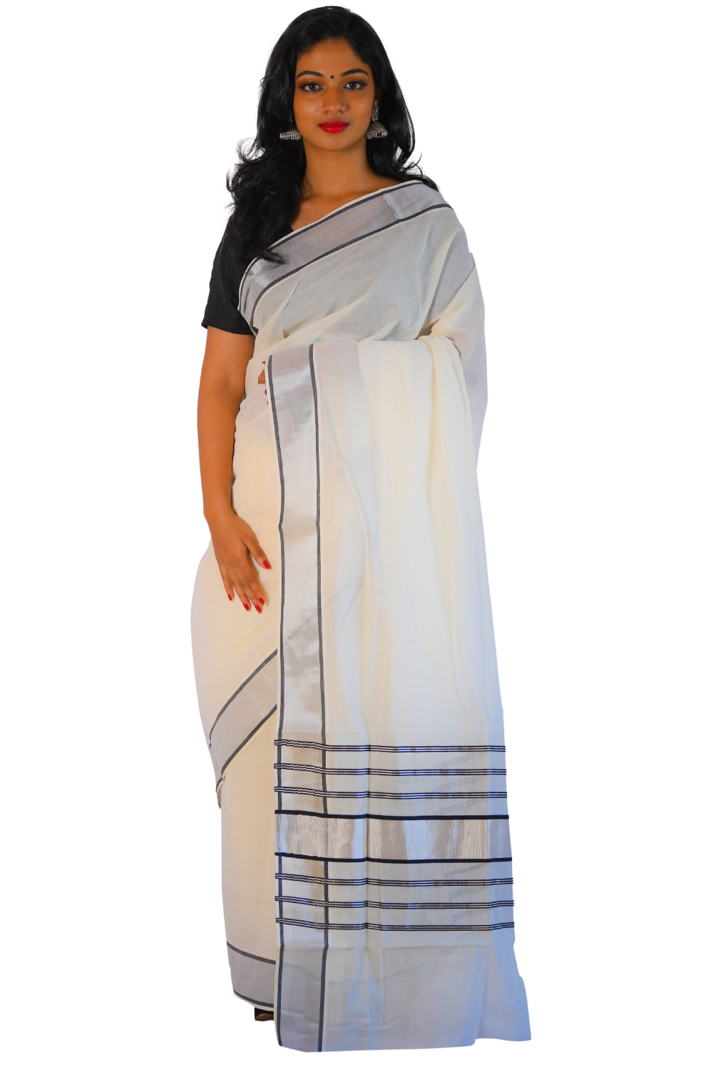 Kerala Saree with Silver Tissue Kasavu and Black Colour Lines on Pallu