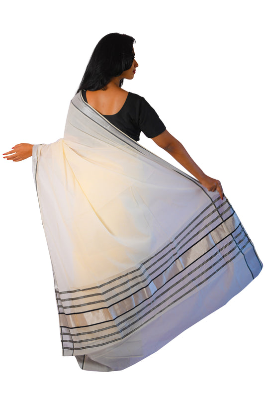 Kerala Saree with Silver Tissue Kasavu and Black Colour Lines on Pallu