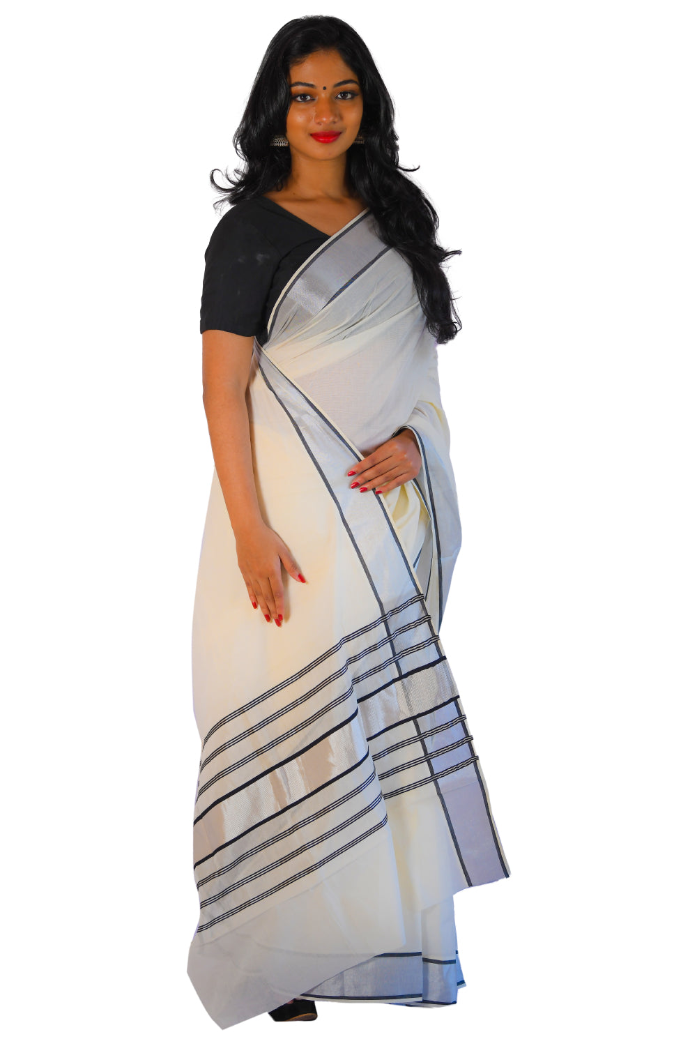 Kerala Saree with Silver Tissue Kasavu and Black Colour Lines on Pallu