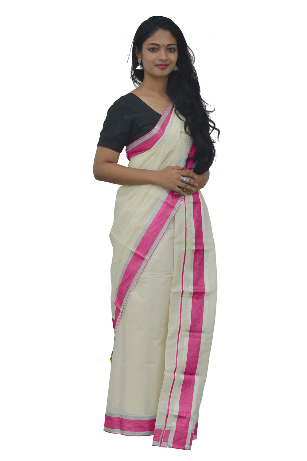 Mundum Neriyathum Single (Set Mundu) with Silver Kasavu and Pink Border