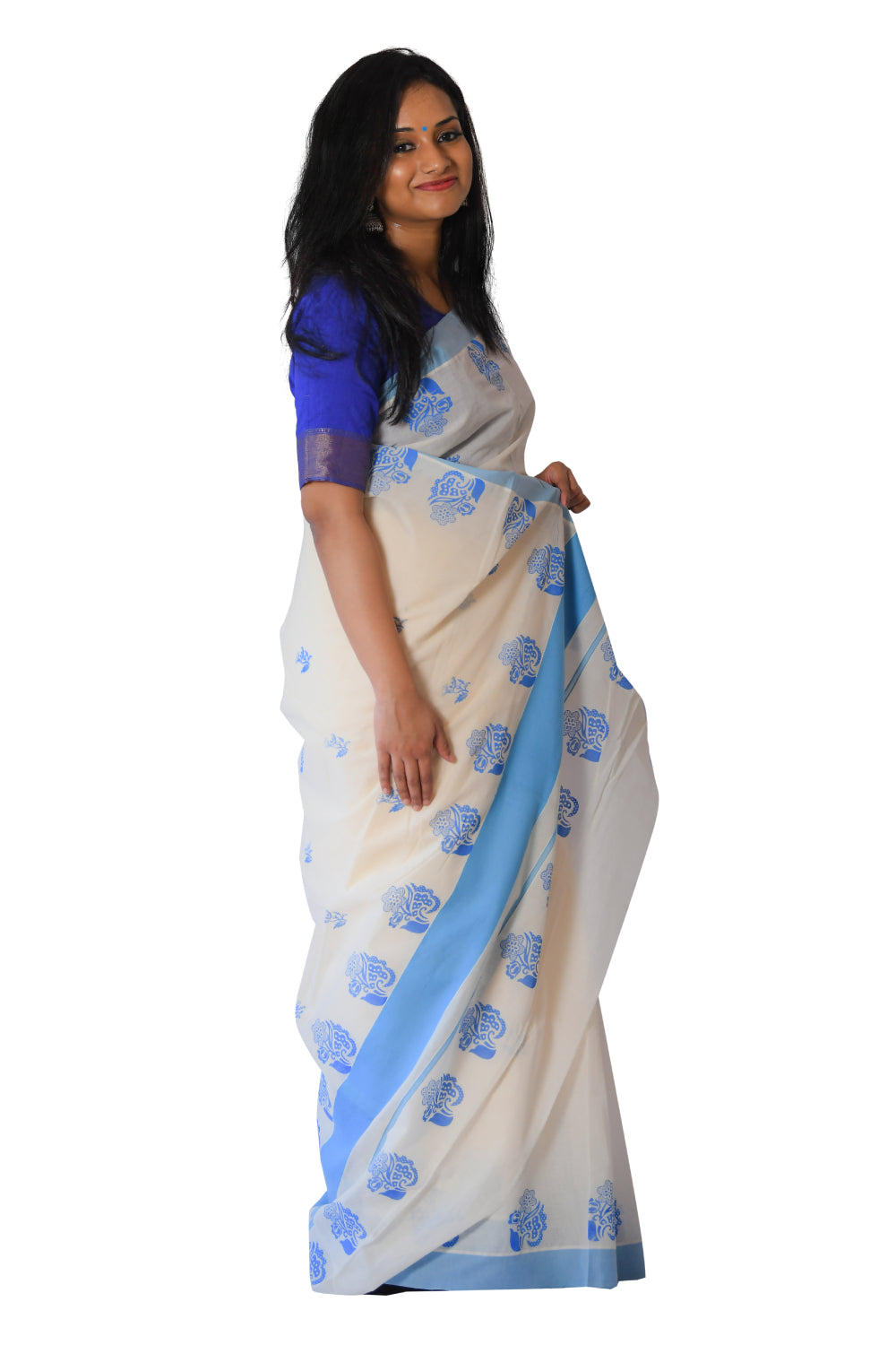 Kerala Saree with Light Blue Floral Block Print