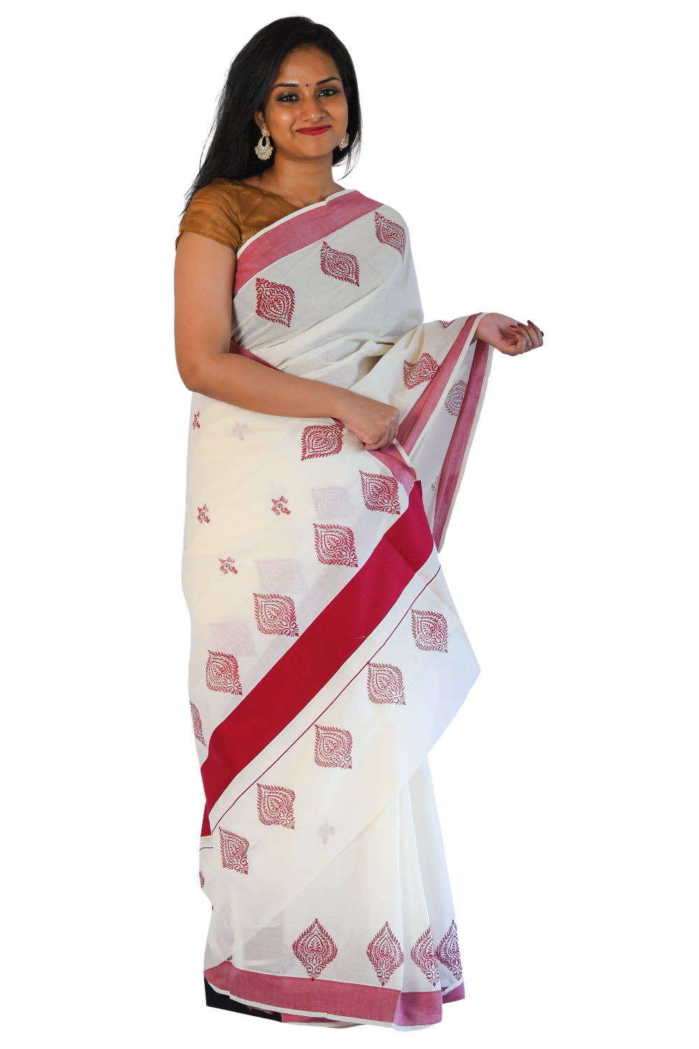 Kerala Saree with Crimson Red Floral Block Print