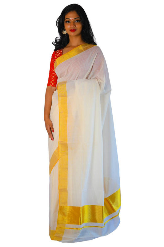 Southloom™ Premium Handloom Plain 5 Inch Kasavu Saree