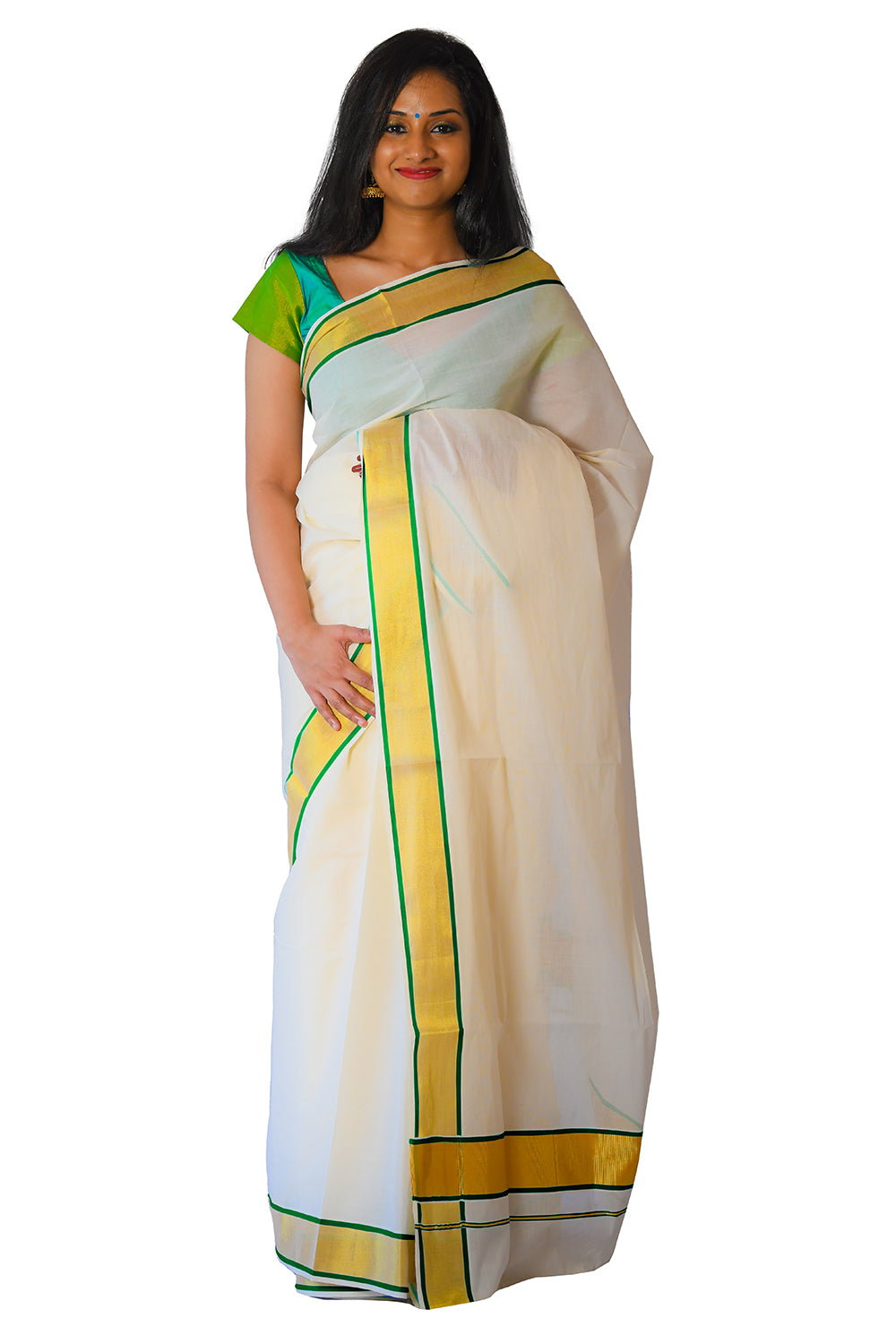 Pure Cotton Kerala Plain Saree with Kasavu and Dark Green Border