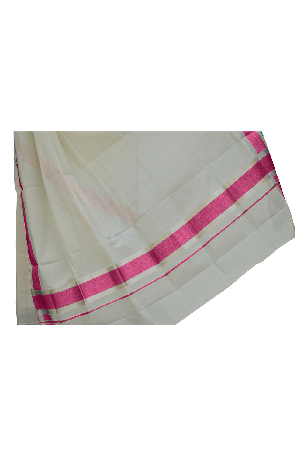 Mundum Neriyathum Single (Set Mundu) with Silver Kasavu and Pink Border