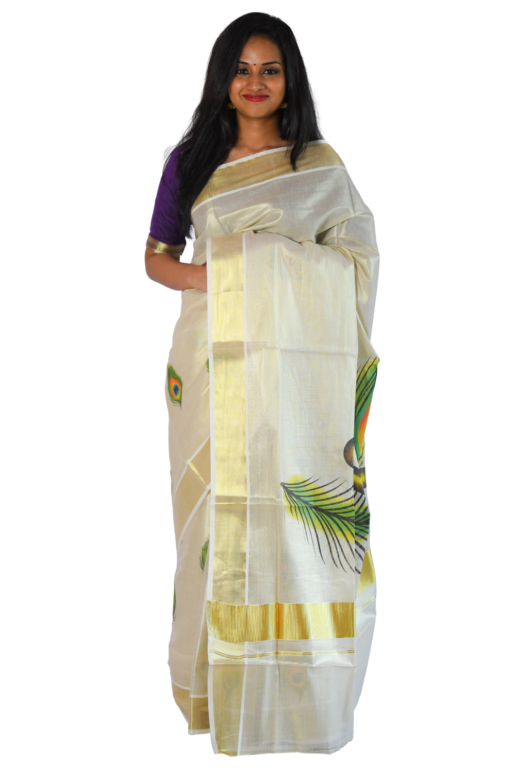 Kerala Tissue Kasavu Saree With Peacock Feather and Flute Design