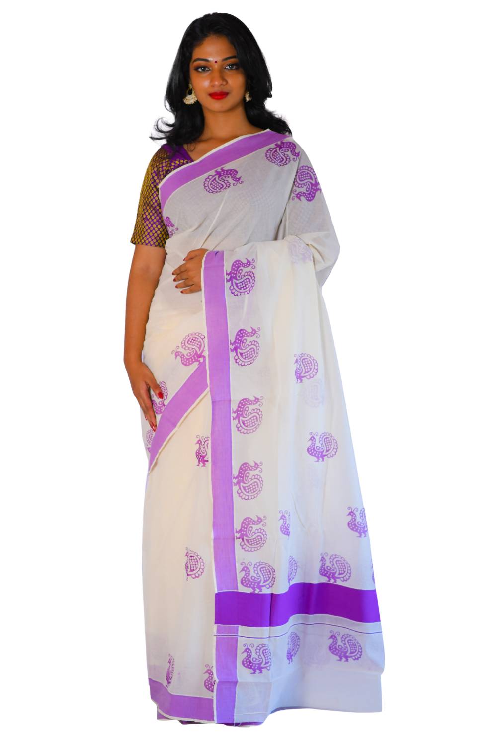 Kerala Saree with Lavender Peacock Block Print