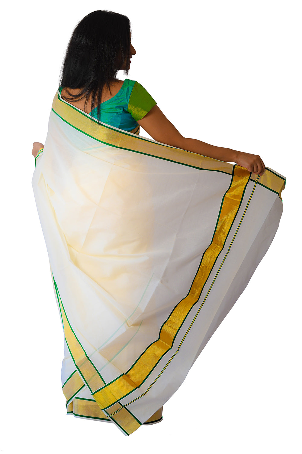 Pure Cotton Kerala Plain Saree with Kasavu and Dark Green Border