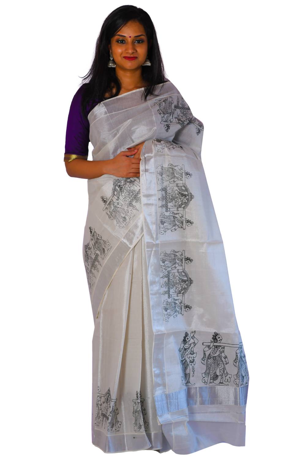 Silver Tissue Saree with Black Palanquin Mural Design