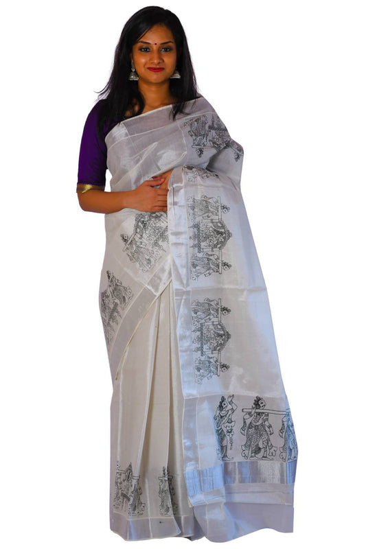 Silver Tissue Saree with Black Palanquin Mural Design