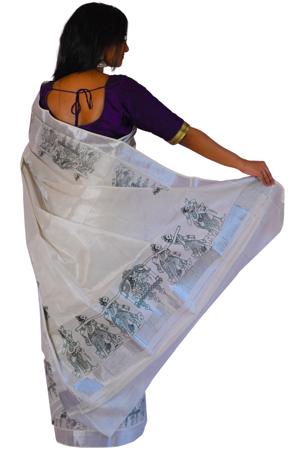Silver Tissue Saree with Black Palanquin Mural Design