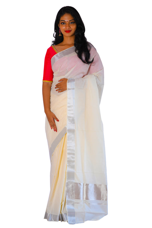 Kerala Plain Cotton Silver Kasavu 5 Inch Saree