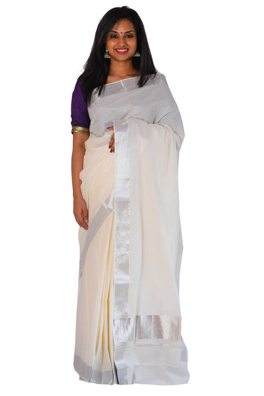 Kerala Plain Cotton Silver Kasavu 3 Inch Saree