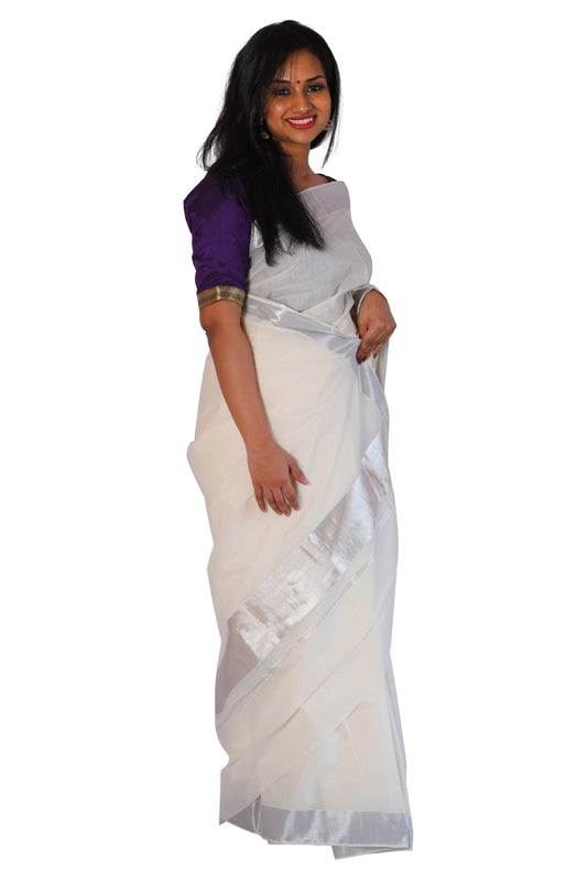 Southloom Kerala Plain Cotton Silver Kasavu 3 Inch Saree SL407