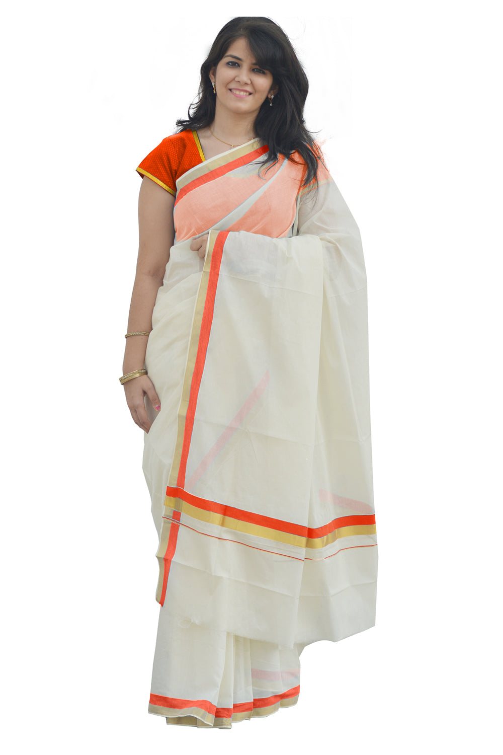 Kerala Kasavu Orange Colour Border Saree