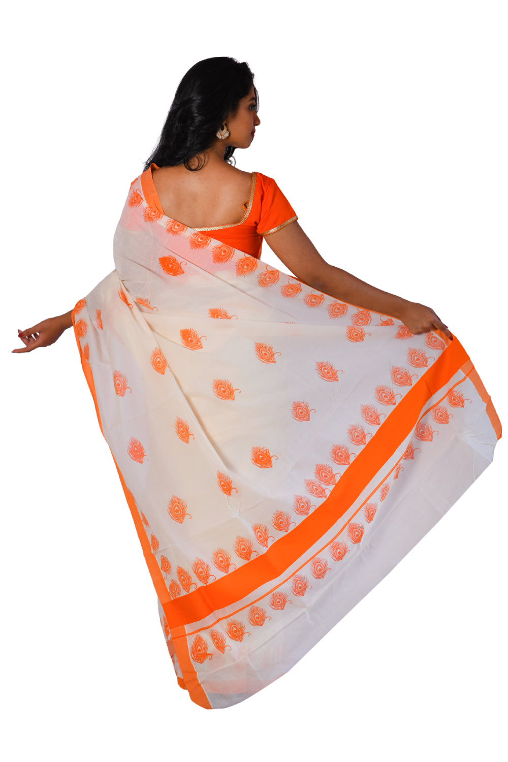 Kerala Saree with Orange Peacock Feather Block Print