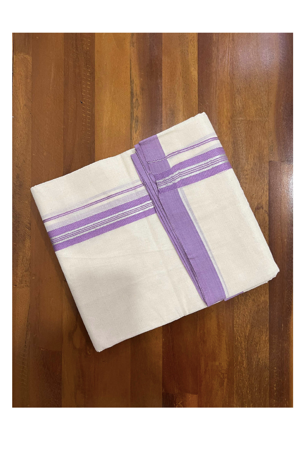 Off White Cotton Mundu with Violet and Silver Kasavu Border (South Indian Dhoti)