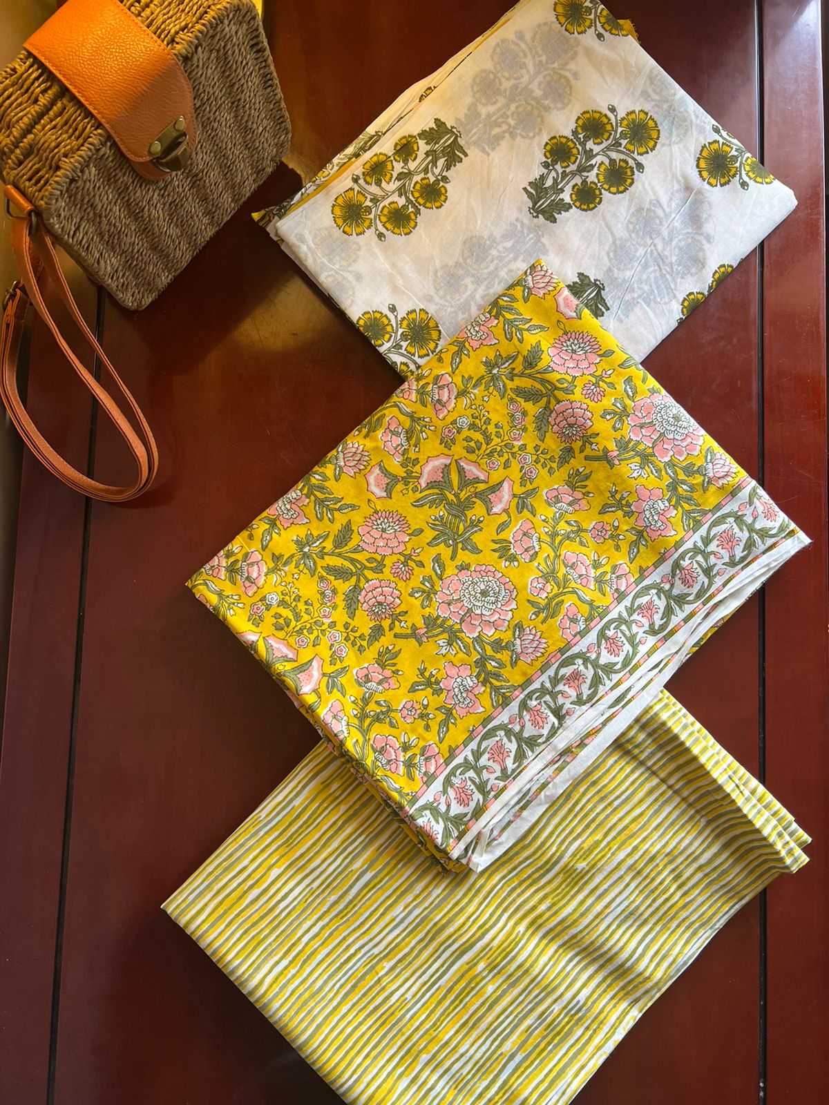 Southloom Hand Block Printed Soft Cotton Jaipur Salwar Suit Material in Yellow Base Colour