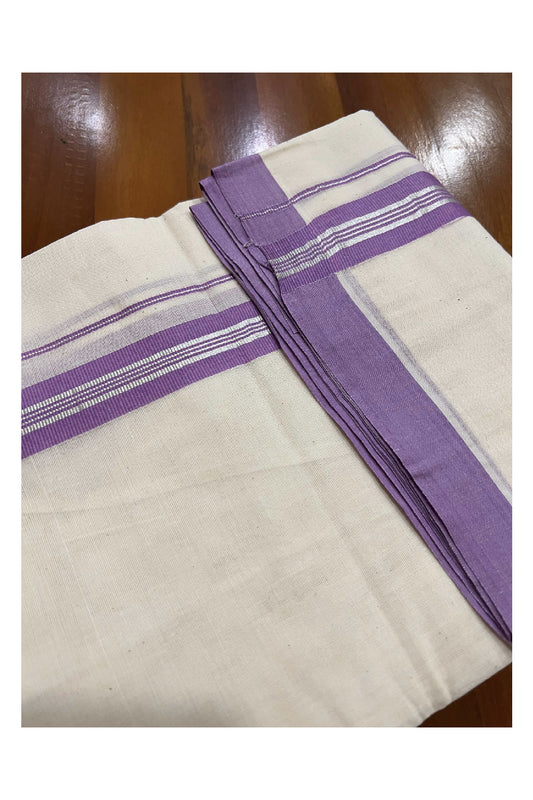 Off White Cotton Mundu with Violet and Silver Kasavu Border (South Indian Dhoti)