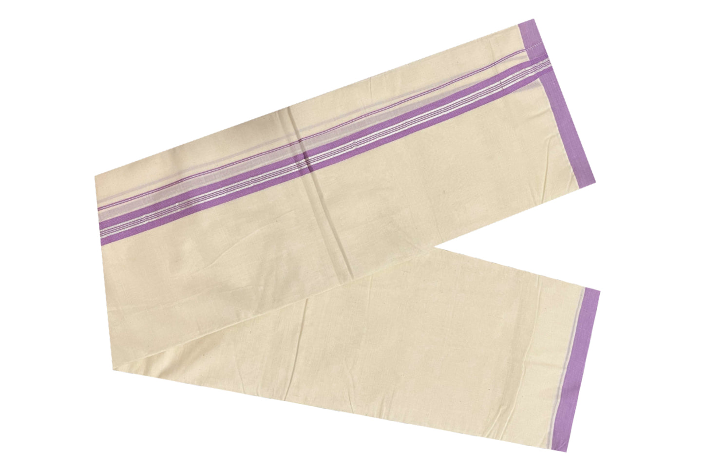 Off White Cotton Mundu with Violet and Silver Kasavu Border (South Indian Dhoti)