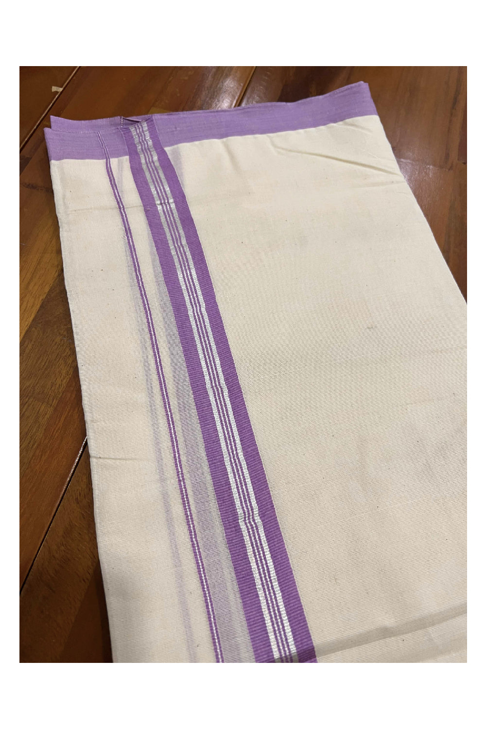 Off White Cotton Mundu with Violet and Silver Kasavu Border (South Indian Dhoti)