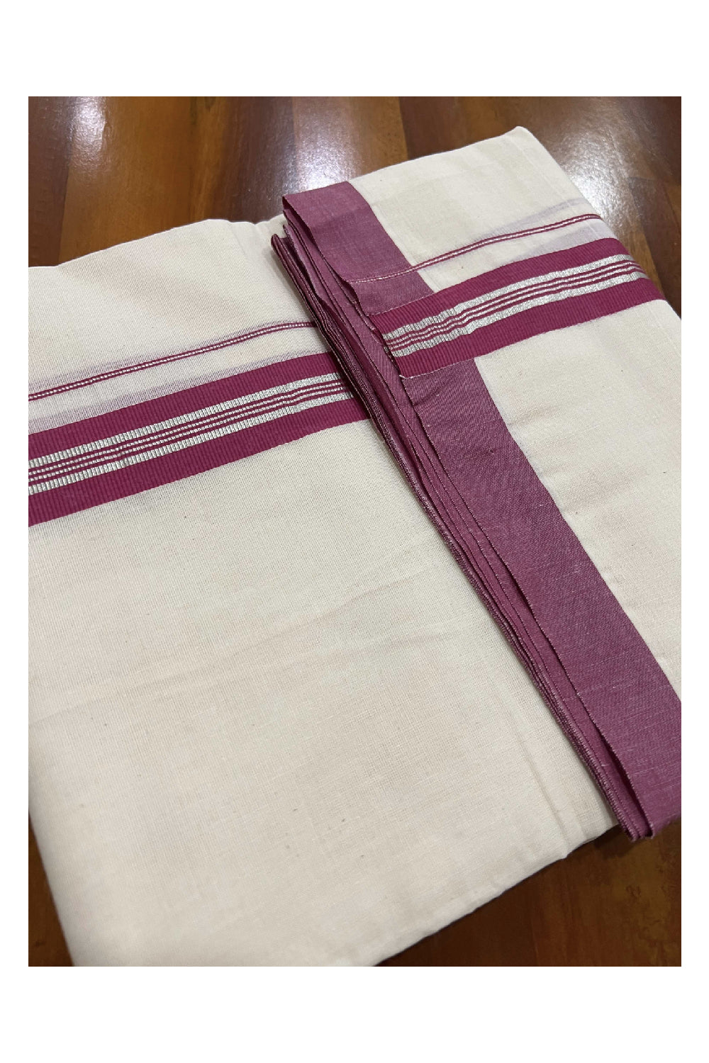 Off White Cotton Mundu with Dark Red and Silver Kasavu Border (South Indian Dhoti)