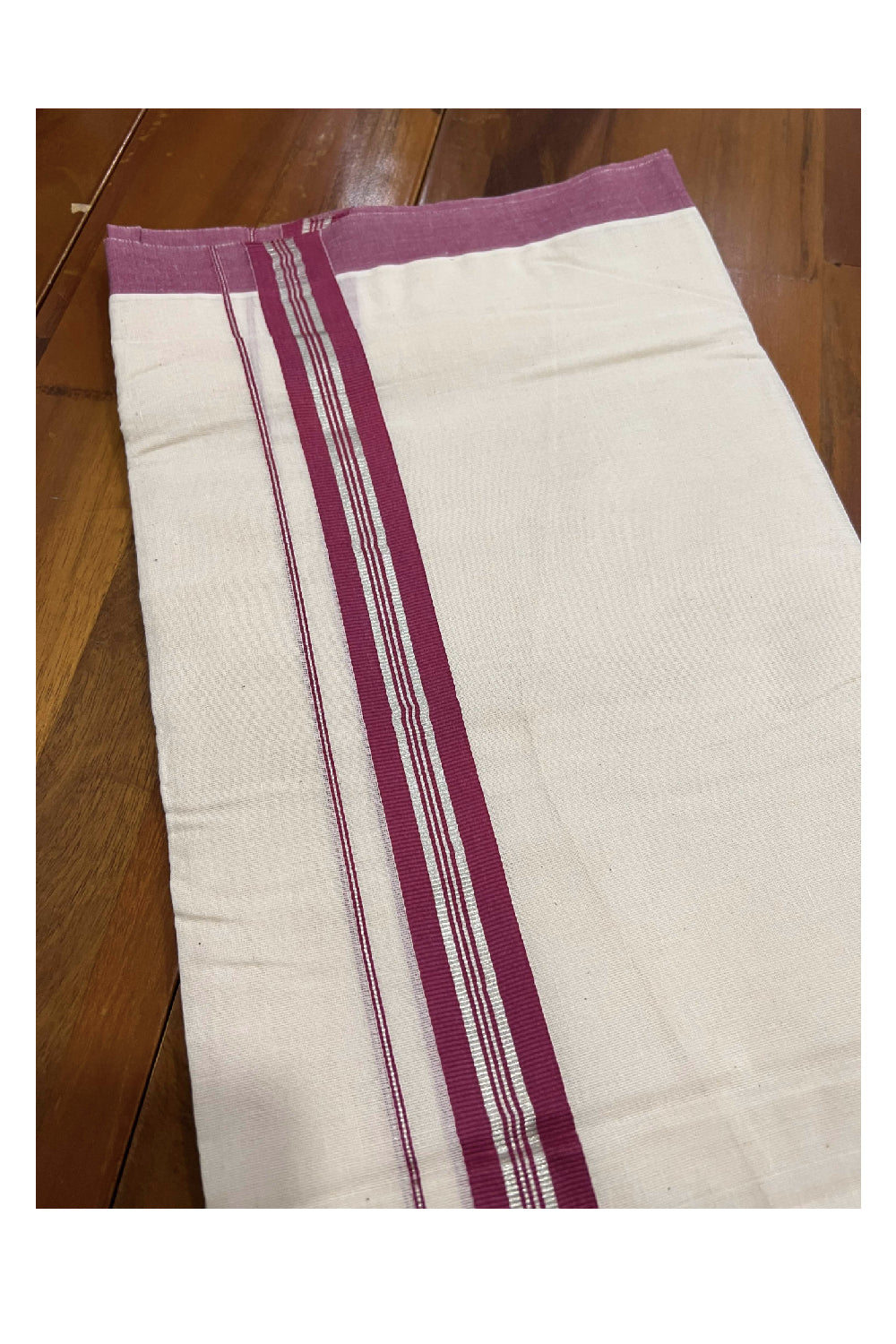 Off White Cotton Mundu with Dark Red and Silver Kasavu Border (South Indian Dhoti)