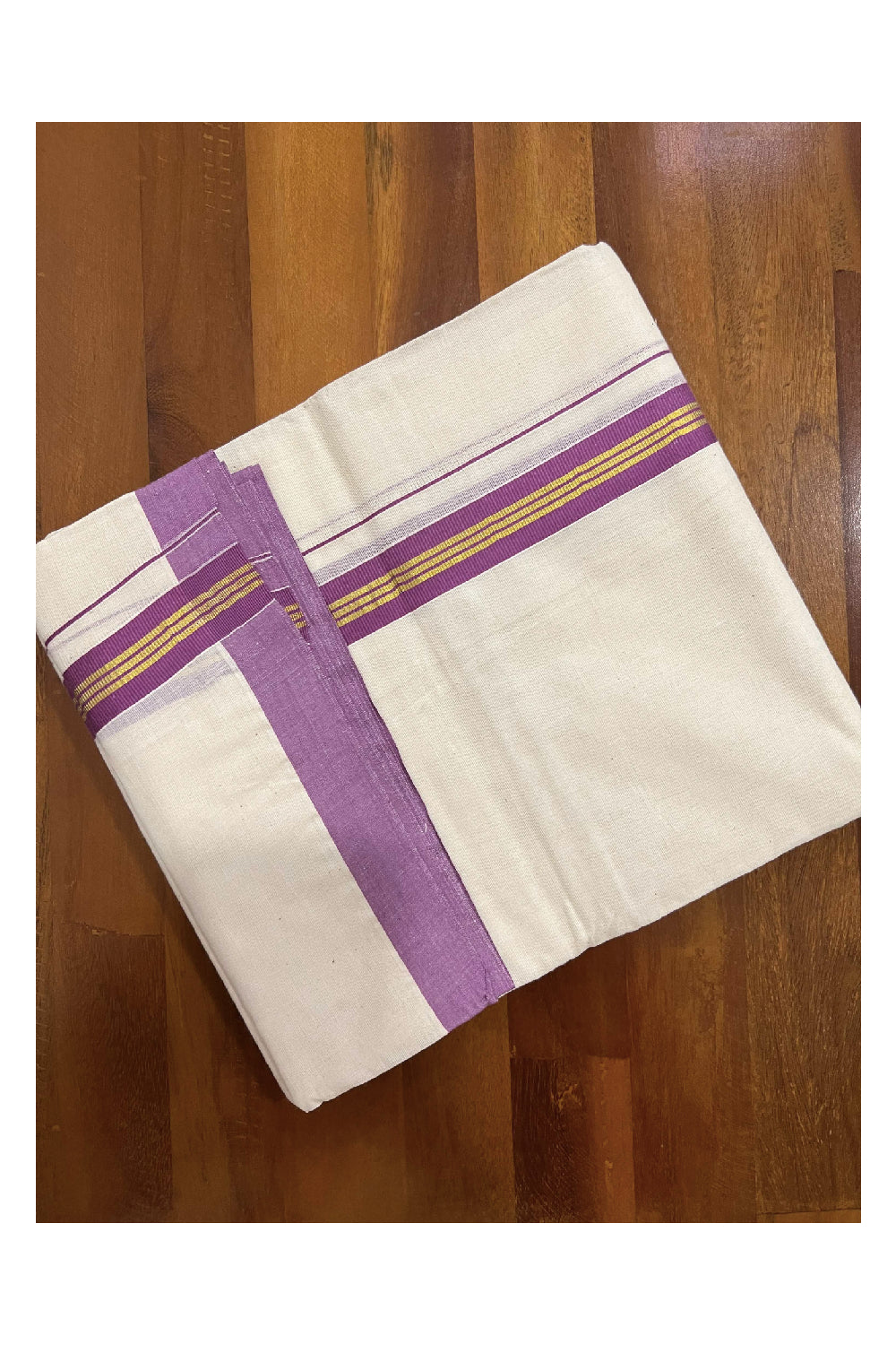 Off White Cotton Mundu with Violet and Kasavu Border (South Indian Dhoti)