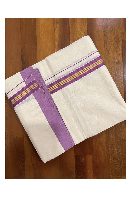 Off White Cotton Mundu with Violet and Kasavu Border (South Indian Dhoti)