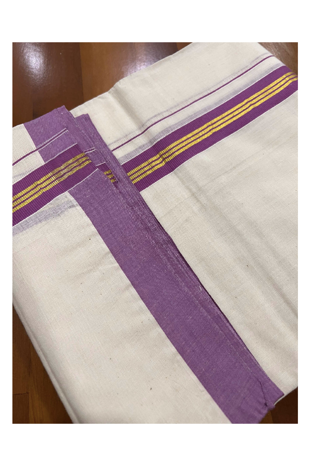 Off White Cotton Mundu with Violet and Kasavu Border (South Indian Dhoti)