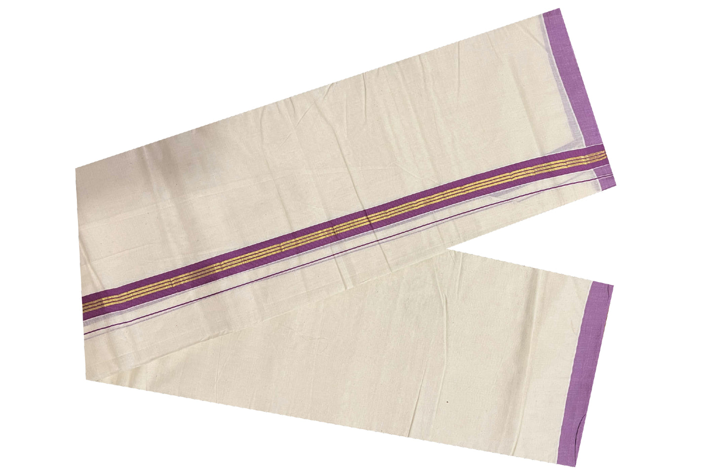 Off White Cotton Mundu with Violet and Kasavu Border (South Indian Dhoti)