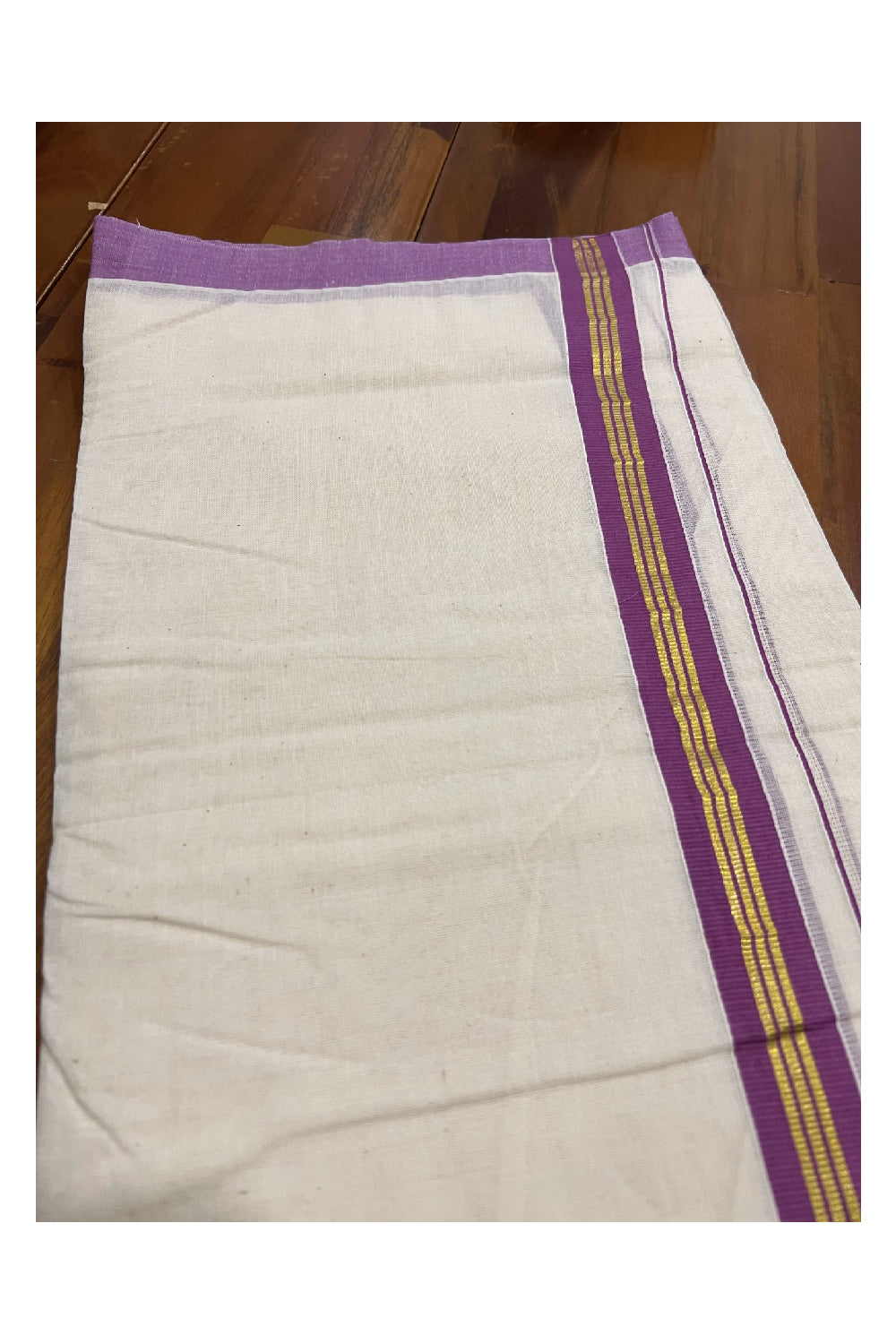 Off White Cotton Mundu with Violet and Kasavu Border (South Indian Dhoti)