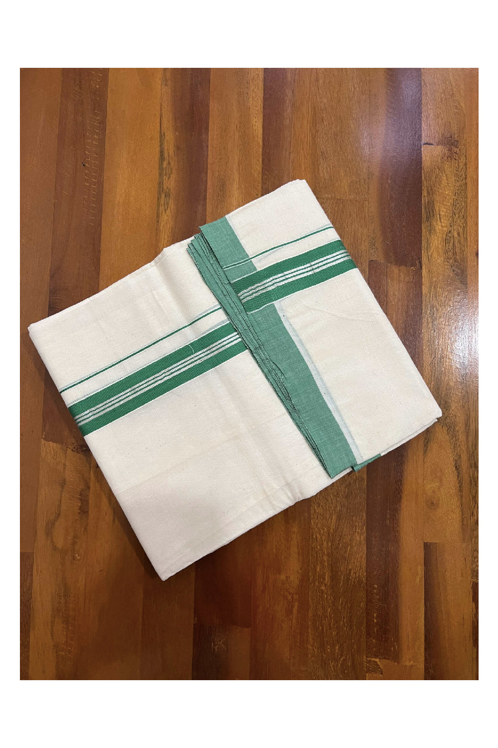 Off White Cotton Mundu with Green and Silver Kasavu Border (South Indian Dhoti)