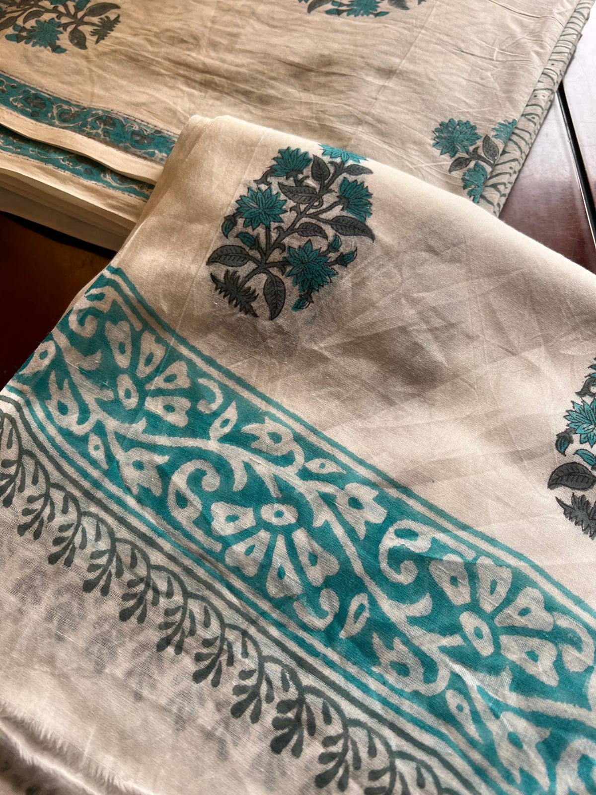 Southloom Green Hand Block Printed Soft Cotton Jaipur Salwar Suit Material in White Base Colour