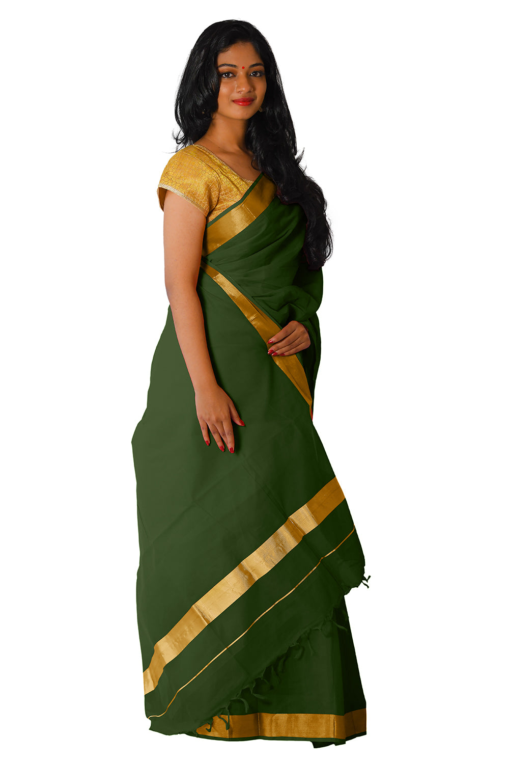 Kerala Traditional Dark Green Colour Kasavu Saree