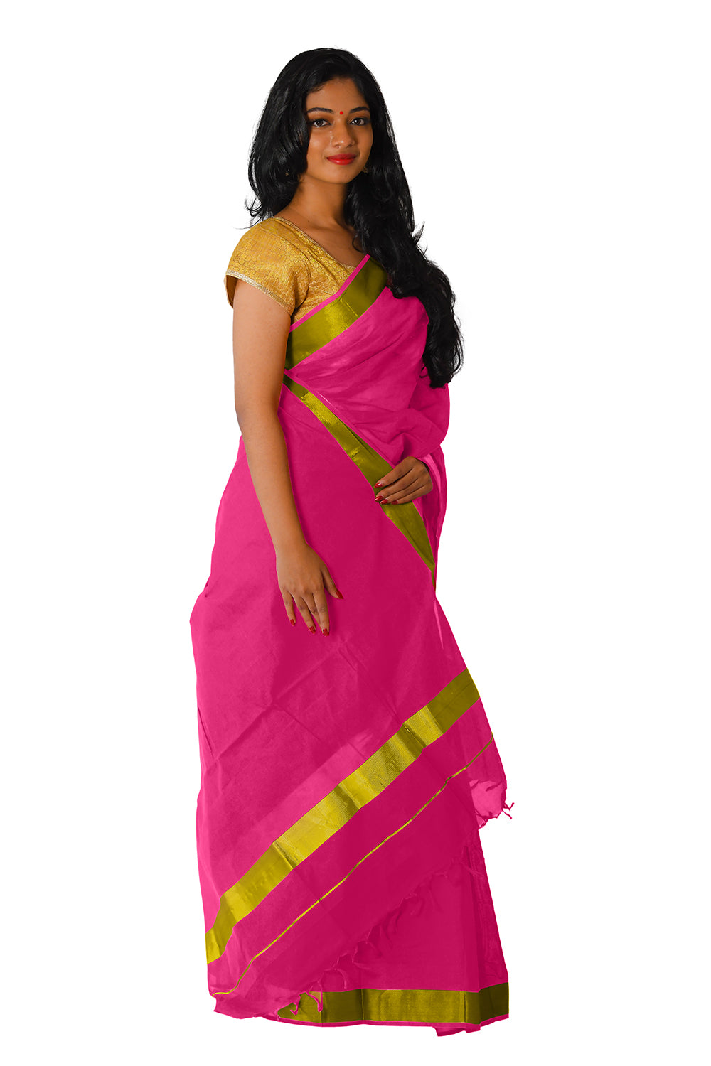 Kerala Traditional Dark Pink Colour Kasavu Saree