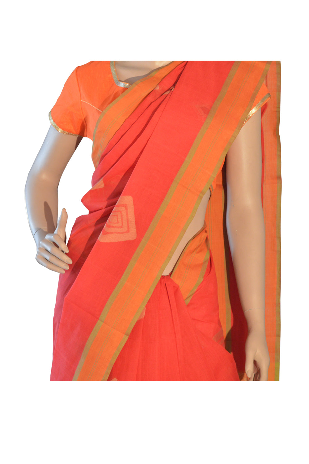 Southloom™ Premium Handloom South Cotton Red Saree With Square Design