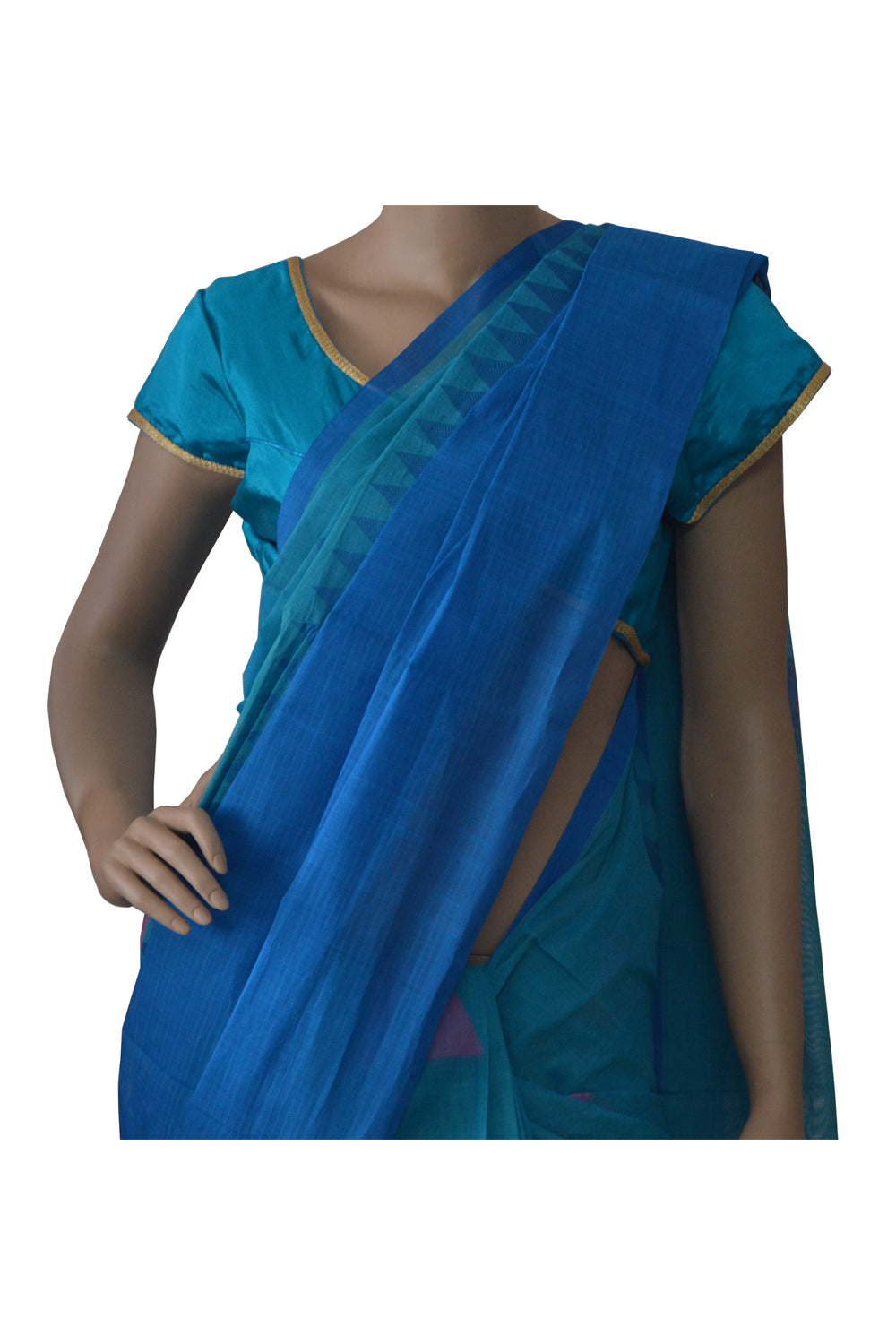 Southloom™ Premium Handloom South Cotton Blue Saree With Temple Design