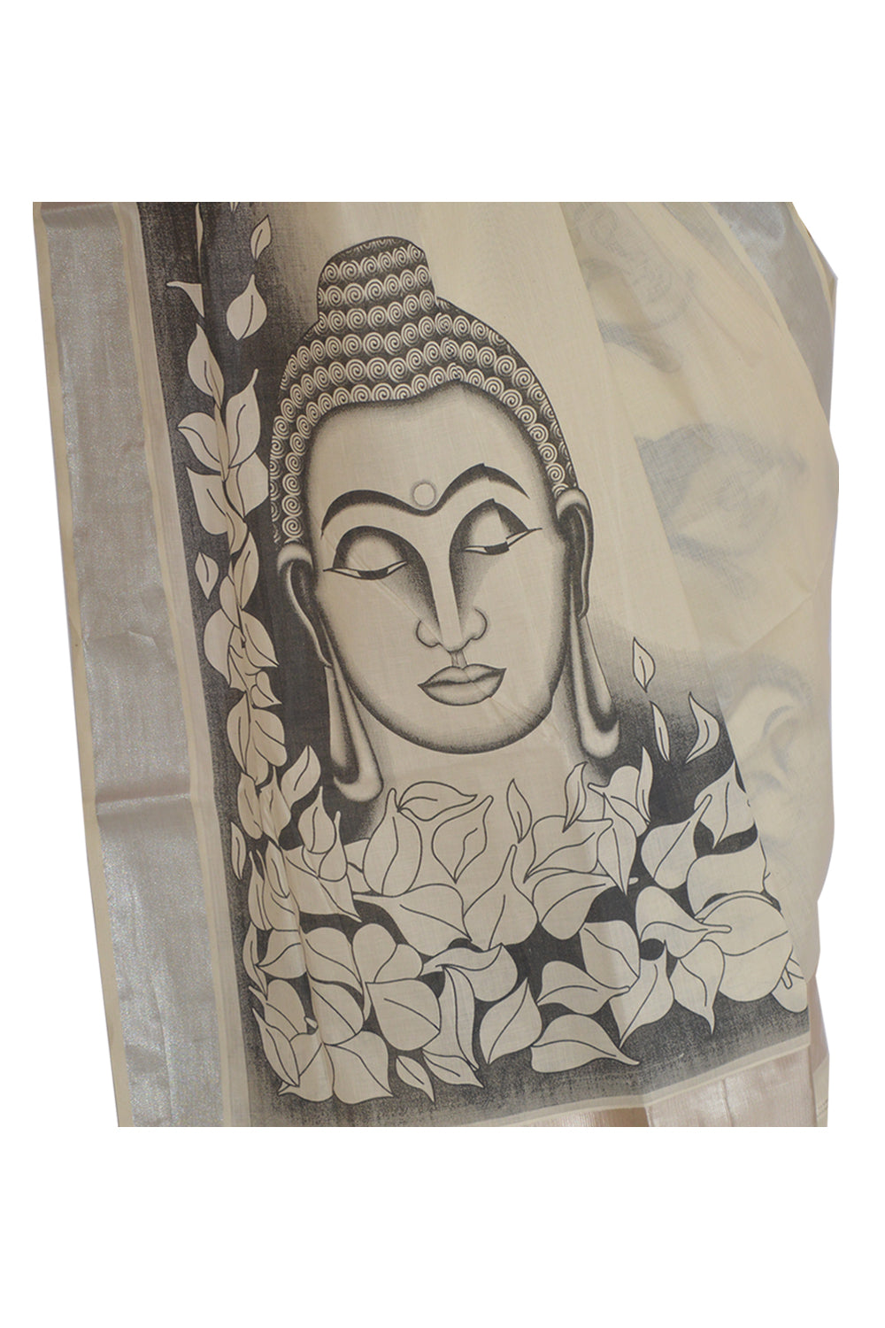 Kerala Silver Kasavu Saree With Mural Buddha Design