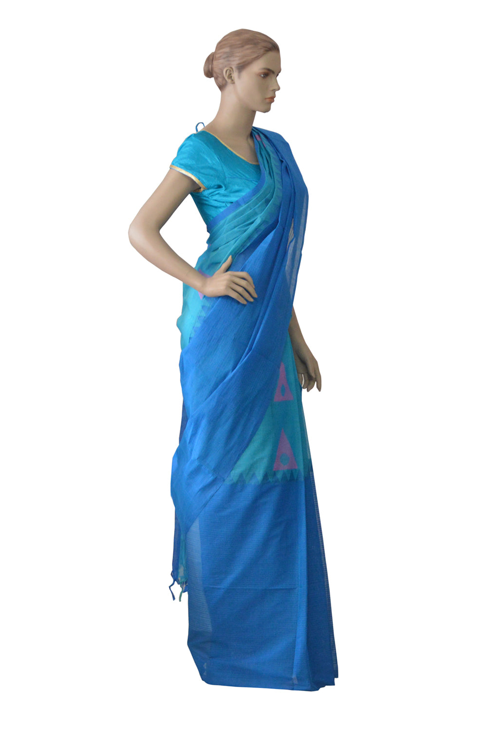 Southloom™ Premium Handloom South Cotton Blue Saree With Temple Design