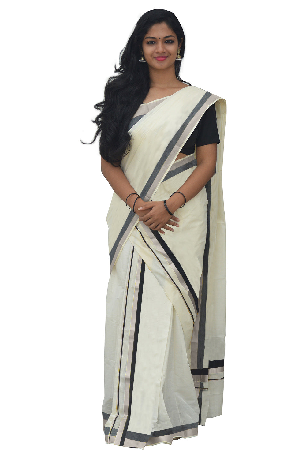 Mundum Neriyathum Single (Set Mundu) with Silver Kasavu and Black Border 2.80 Mtrs