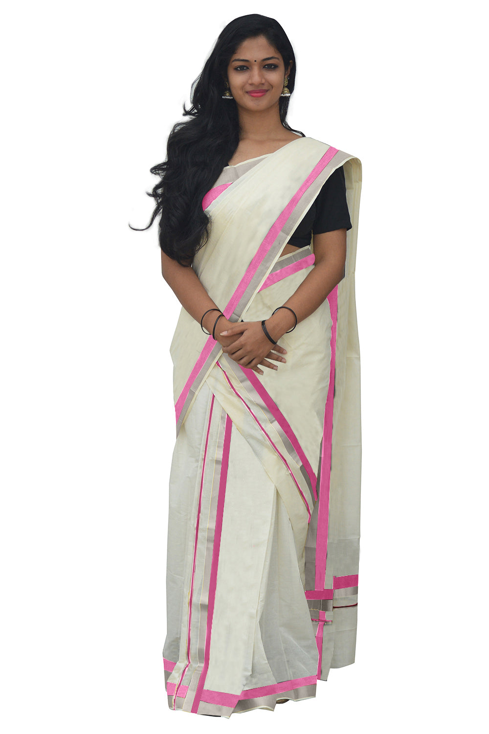 Pure Cotton Kerala Mundum Neriyathum Single (Set Mundu) with Silver Kasavu and Pink Border 2.80 Mtrs