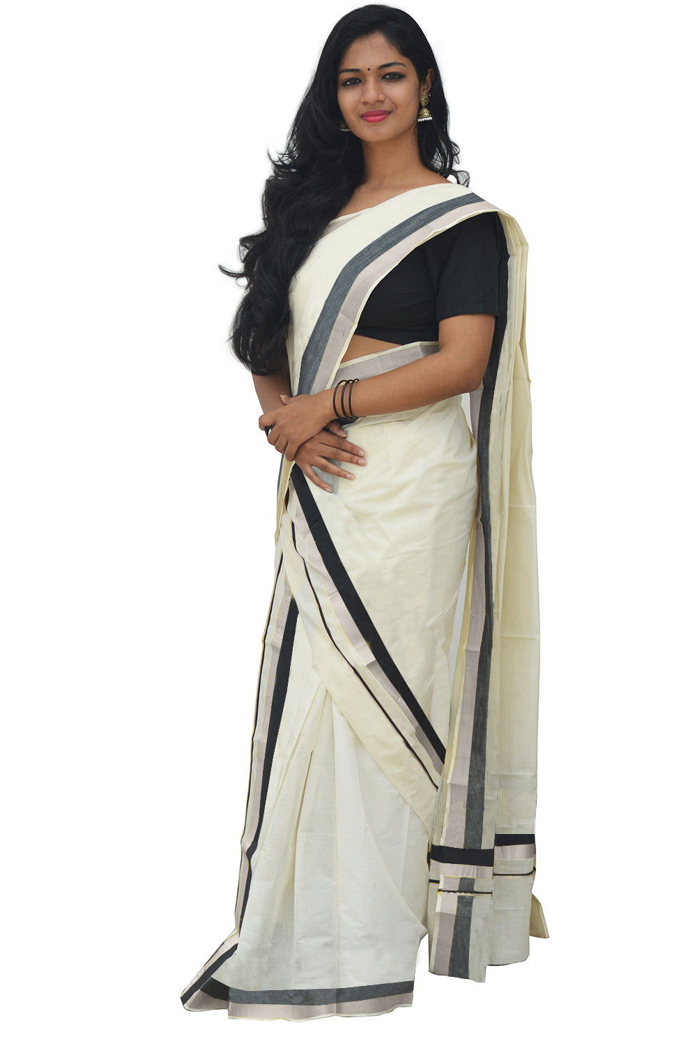 Mundum Neriyathum Single (Set Mundu) with Silver Kasavu and Black Border 2.80 Mtrs