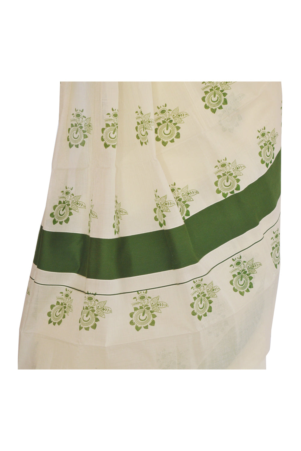 Kerala Saree with Green Floral Block Print