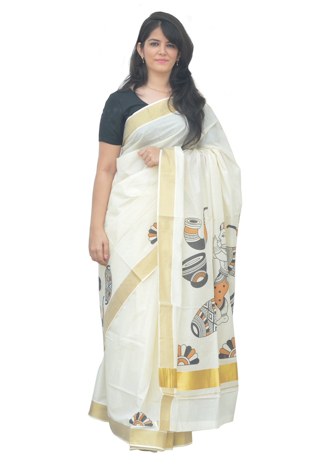 Kerala Kasavu Saree With Mural Traditional Design