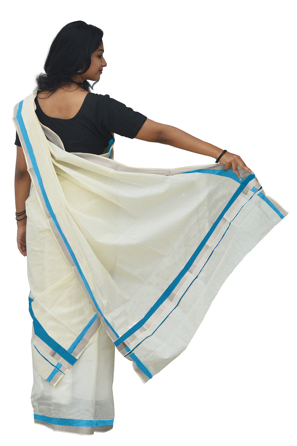 Mundum Neriyathum Single (Set Mundu) with Silver Kasavu and Blue Border 2.80 Mtrs