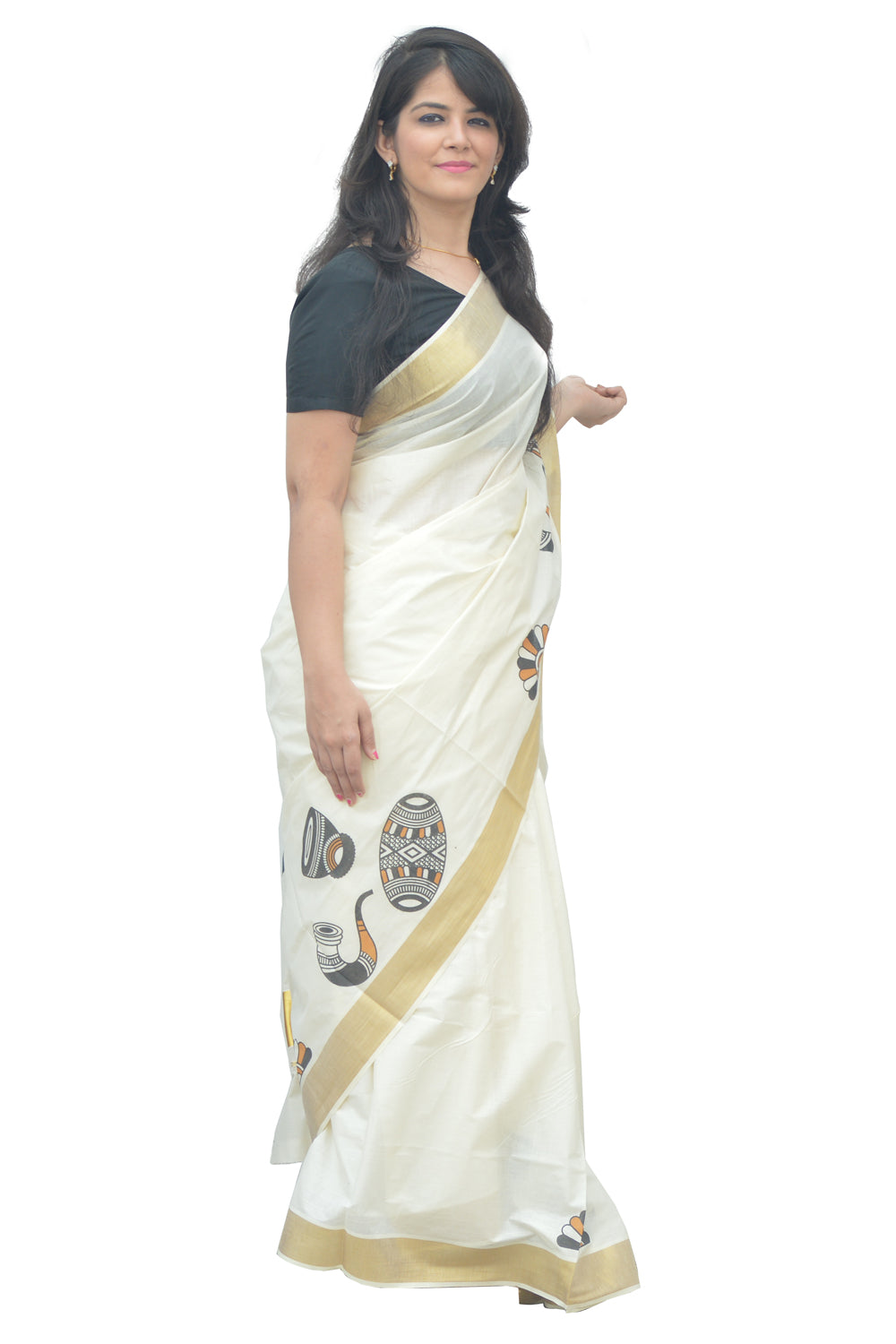 Kerala Kasavu Saree With Mural Traditional Design